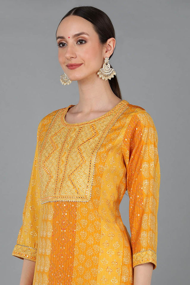 Mustard Silk Blend Ethnic Motifs Straight Kurti Pant Set