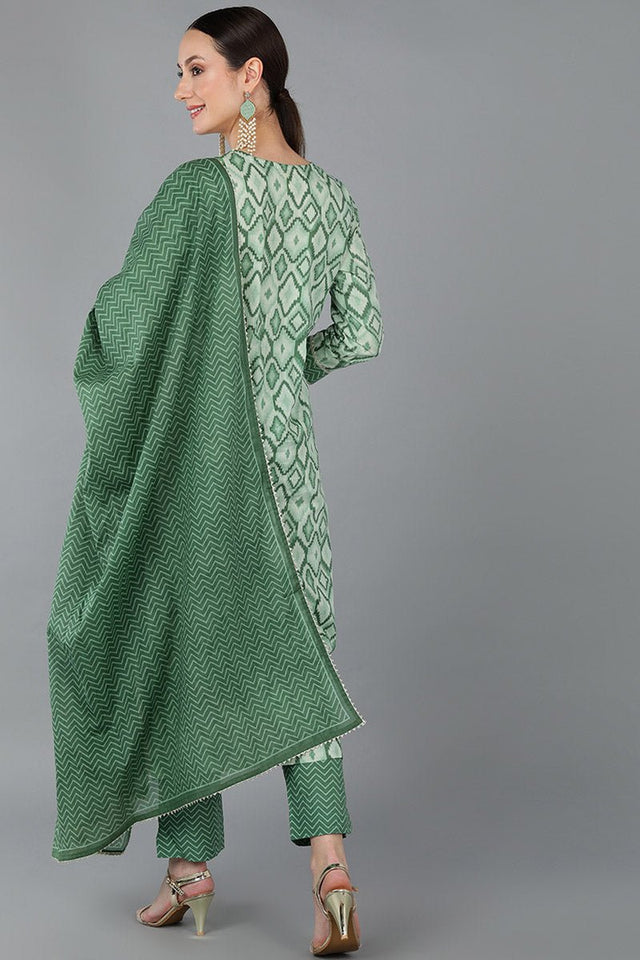 Green Cotton Gotta Patti Straight Suit Set