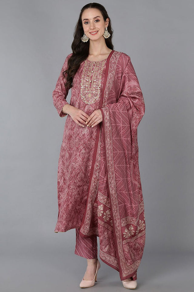 Pink Silk Blend Bandhani Print Embroidered Straight Suit Set