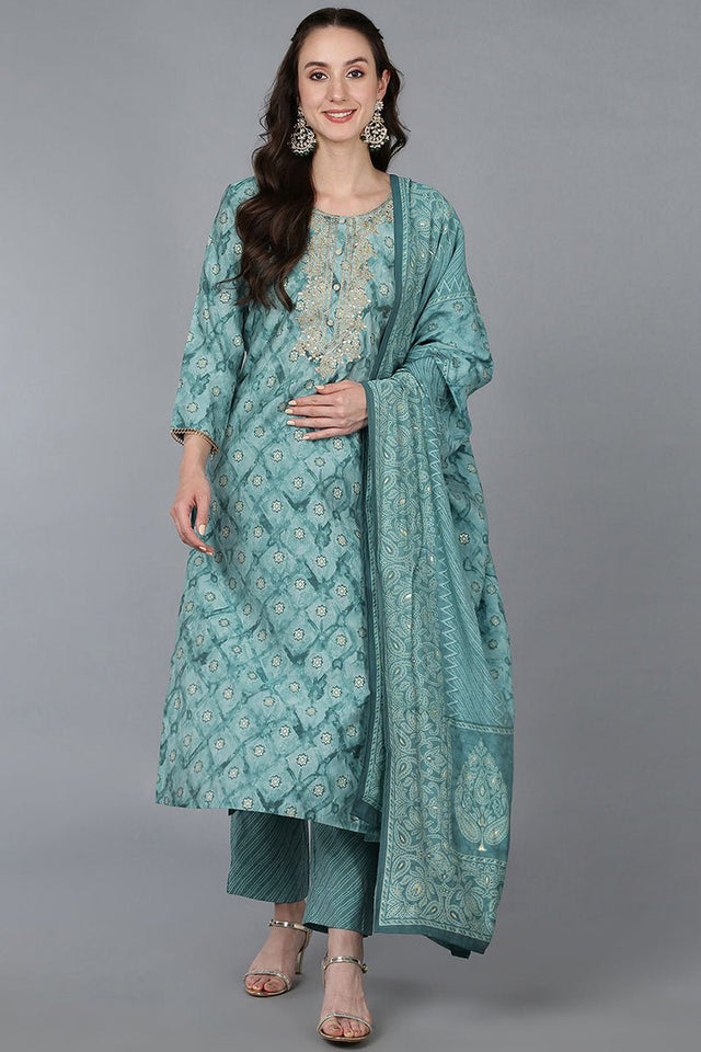 Sea Green Silk Blend Ombre Straight Kurti Pant Set