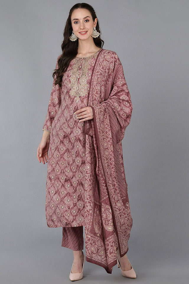 Mauve Silk Blend Ombre Straight Kurti Pant Set