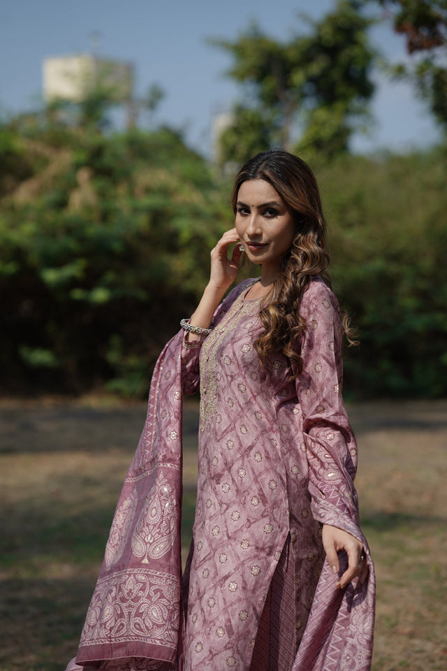 Mauve Silk Blend Ombre Straight Kurti Pant Set