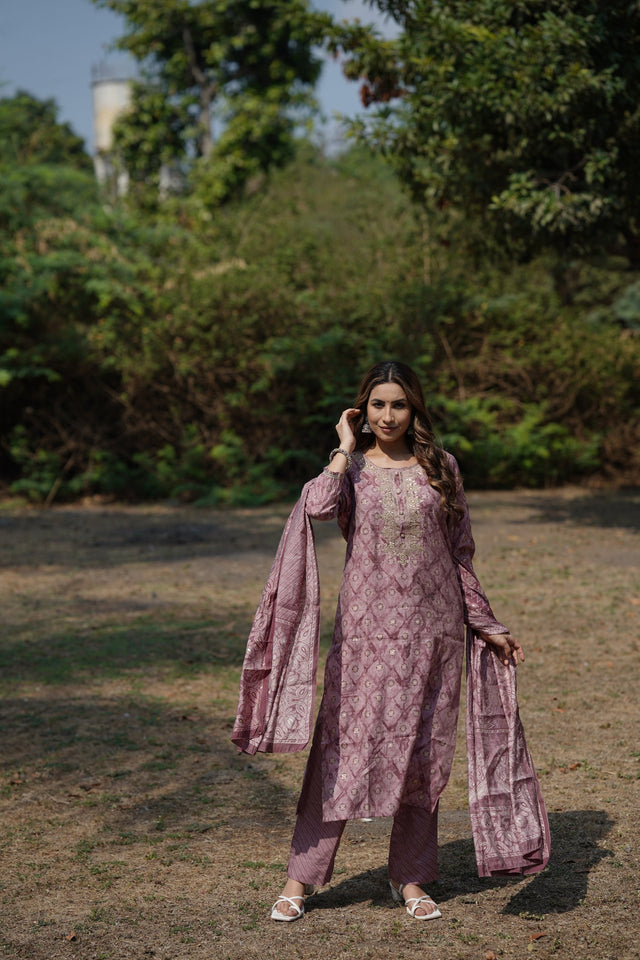 Mauve Silk Blend Ombre Straight Kurti Pant Set