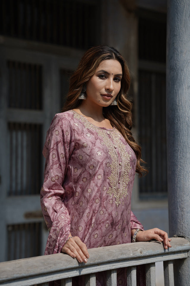 Mauve Silk Blend Ombre Straight Kurti Pant Set