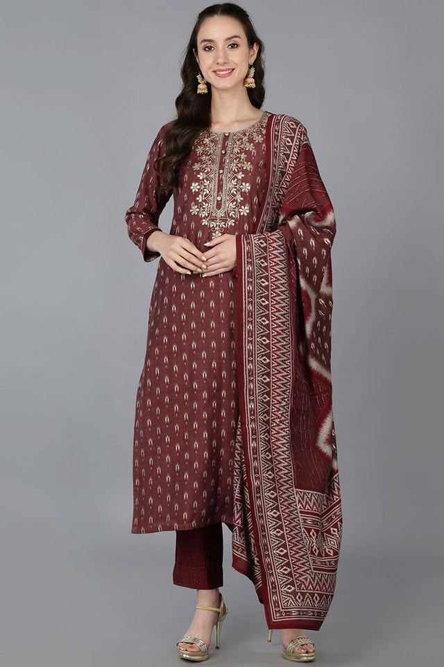 Maroon Silk Blend Geometric Straight Kurti Pant Set