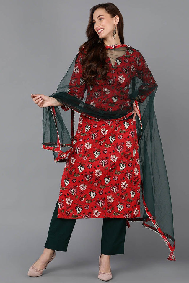 Red Rayon Blend Floral Straight Kurti Pant With Dupatta