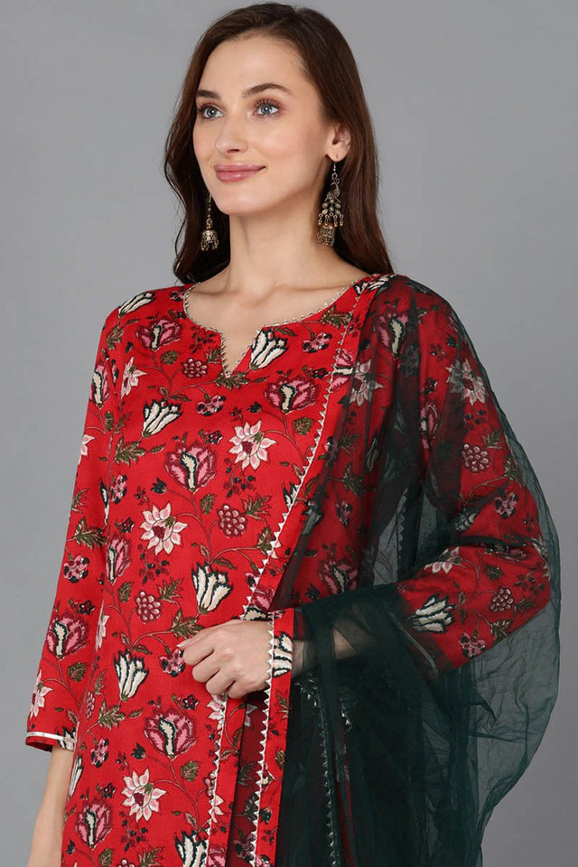 Red Rayon Blend Floral Straight Kurti Pant With Dupatta