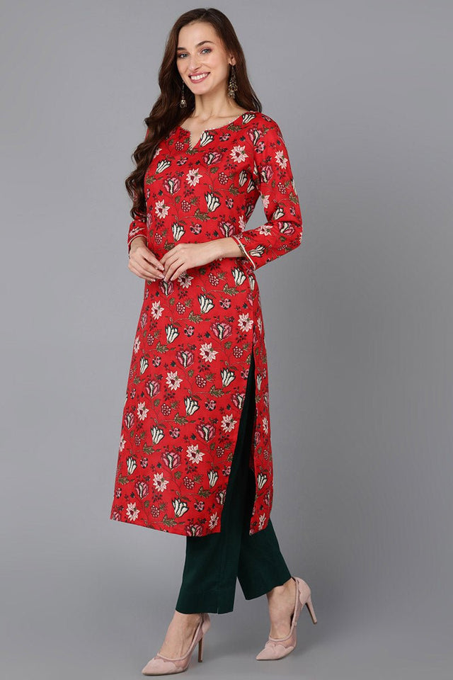 Red Rayon Blend Floral Straight Kurti Pant With Dupatta