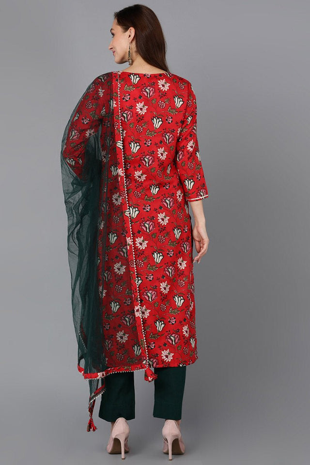 Red Rayon Blend Floral Straight Kurti Pant With Dupatta