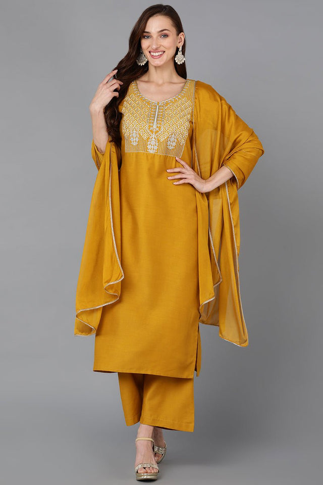 Mustard Silk Blend Straight Kurti Palazzo With Dupatta