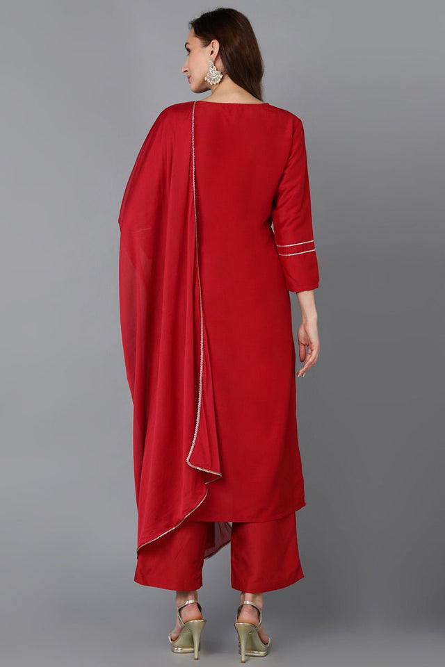 Red Silk Blend Straight Kurti Palazzo With Dupatta