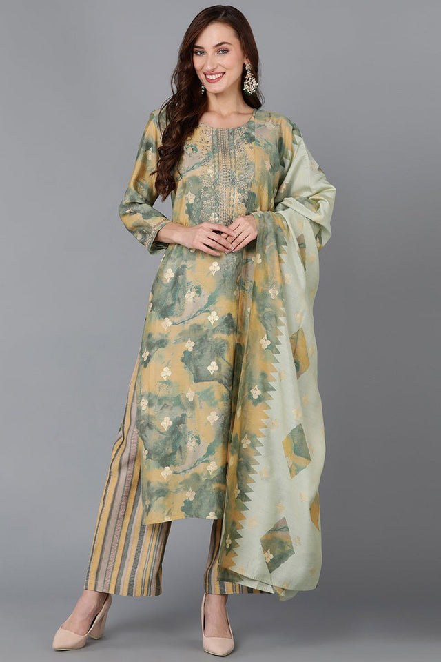 Yellow Silk Blend Straight Kurti Palazzo With Dupatta