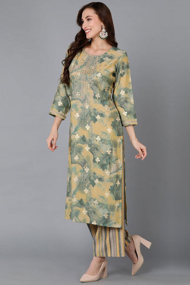 Yellow Silk Blend Straight Kurti Palazzo With Dupatta