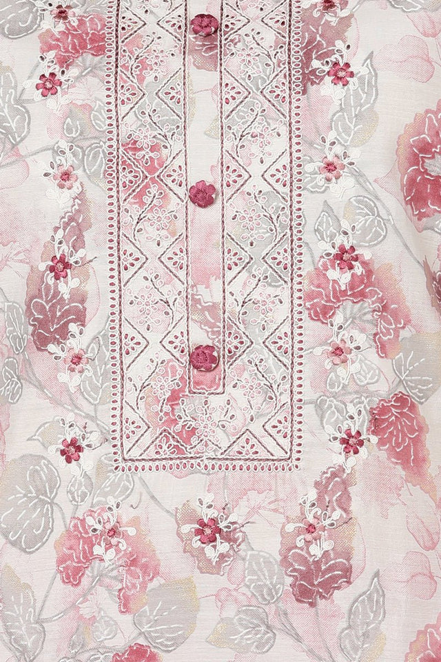 Off White Silk Blend Floral Straight Kurti Pant With Dupatta