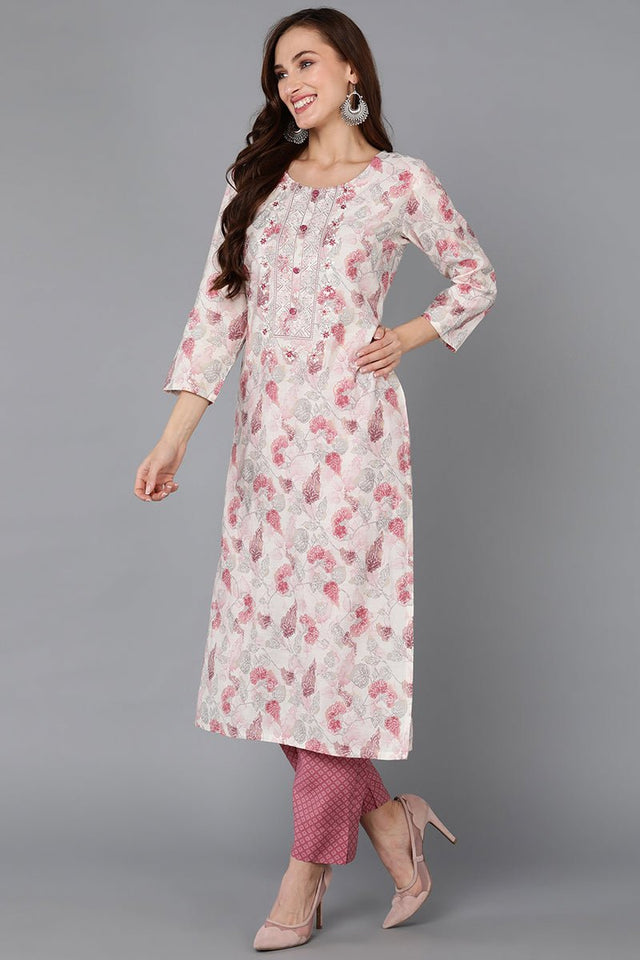 Off White Silk Blend Floral Straight Kurti Pant With Dupatta