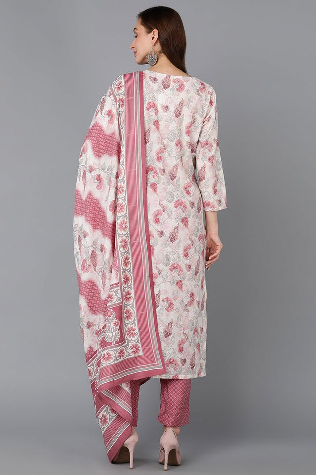 Off White Silk Blend Floral Straight Kurti Pant With Dupatta