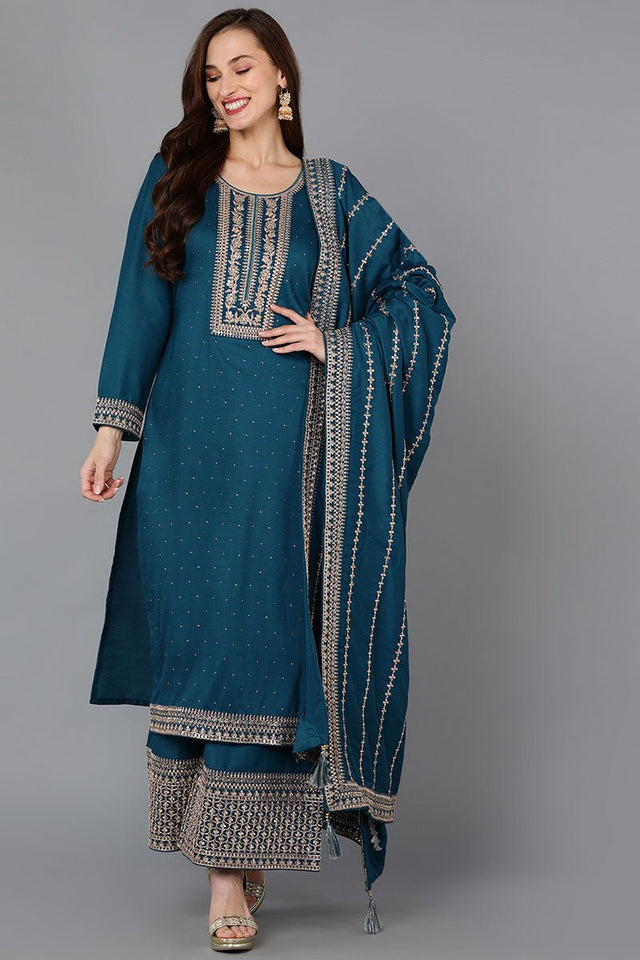 Teal Silk Blend Straight Kurti Palazzo With Dupatta