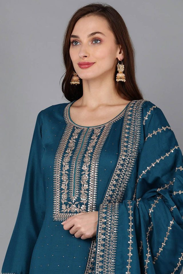 Teal Silk Blend Straight Kurti Palazzo With Dupatta