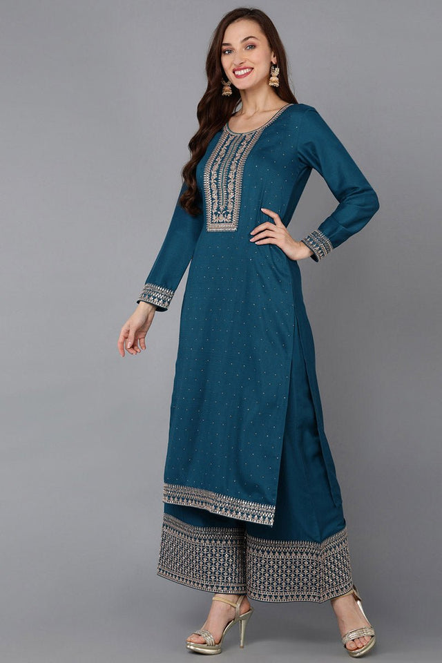 Teal Silk Blend Straight Kurti Palazzo With Dupatta