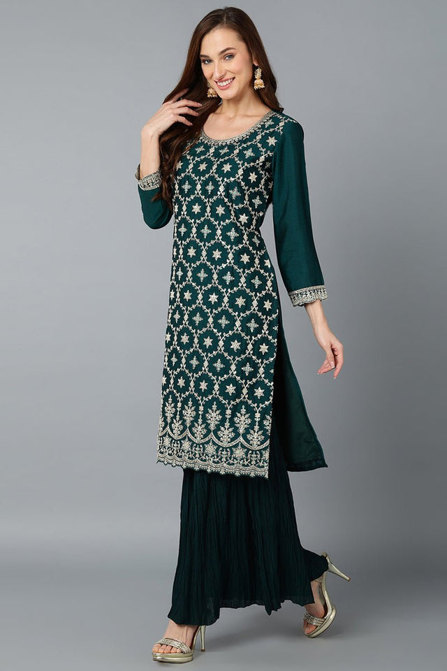Green Silk Blend Embroidered Kurta Sharara With Dupatta