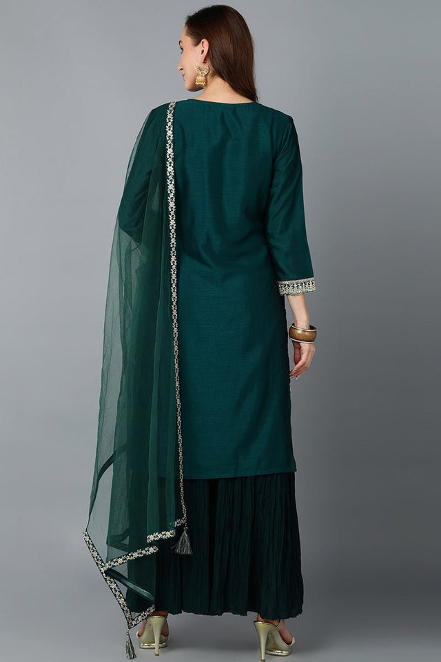 Green Silk Blend Embroidered Kurta Sharara With Dupatta
