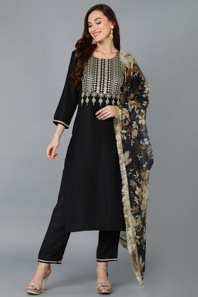 Black Silk Blend Yoke Design Kurti Pant With Dupatta