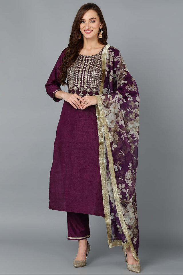 Purple Silk Blend Yoke Design Kurti Pant With Dupatta