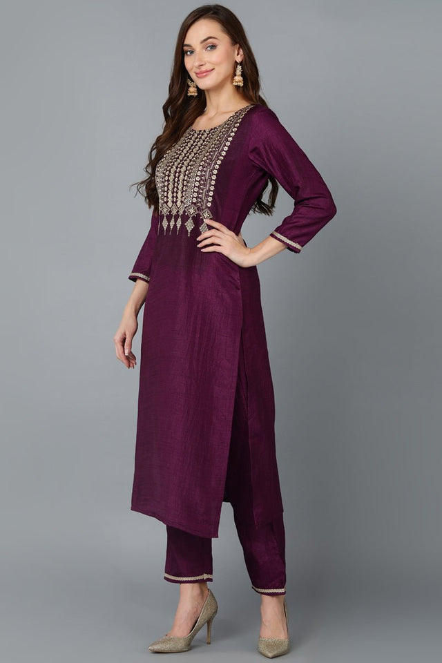 Purple Silk Blend Yoke Design Kurti Pant With Dupatta