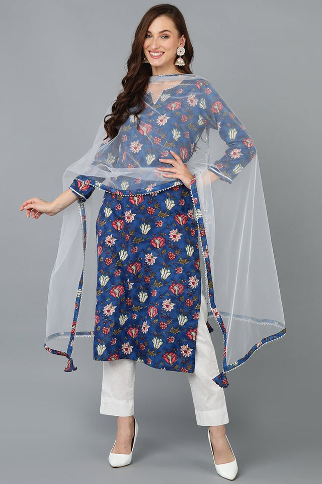 Blue Rayon Blend Printed Kurti Pant With Dupatta