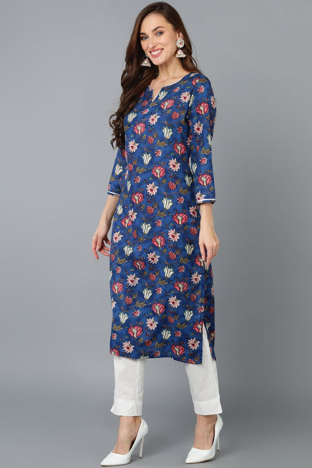 Blue Rayon Blend Printed Kurti Pant With Dupatta