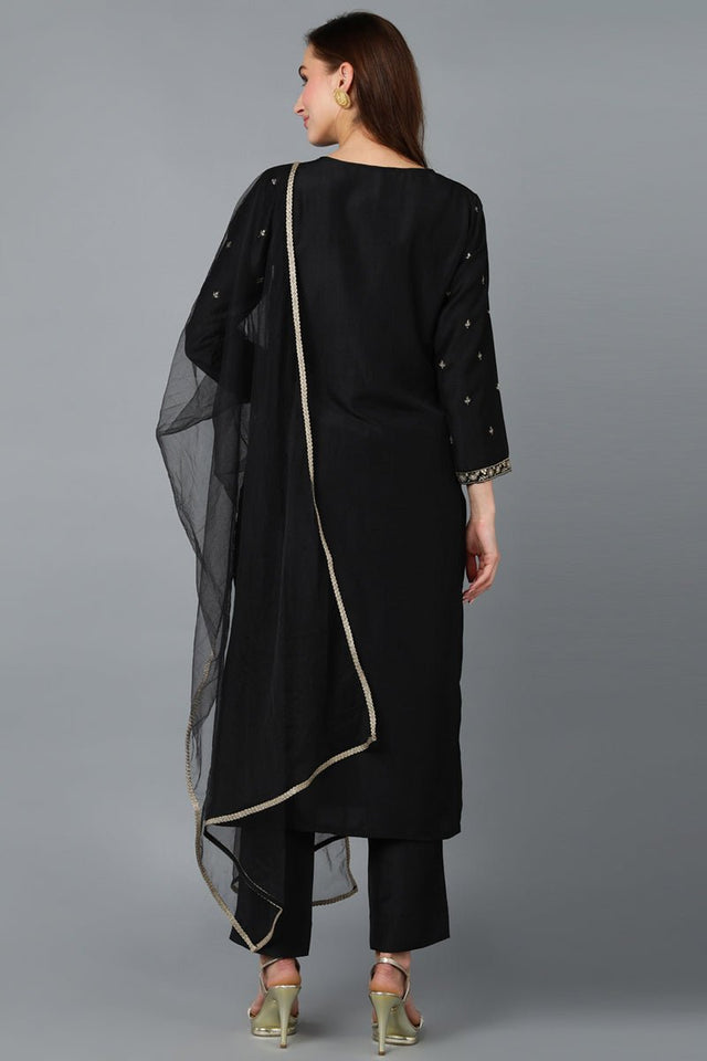 Black Silk Blend Embroidered Kurti Pant With Dupatta