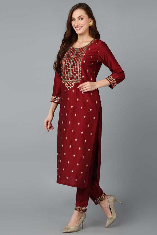 Maroon Silk Blend Embroidered Kurti Pant With Dupatta