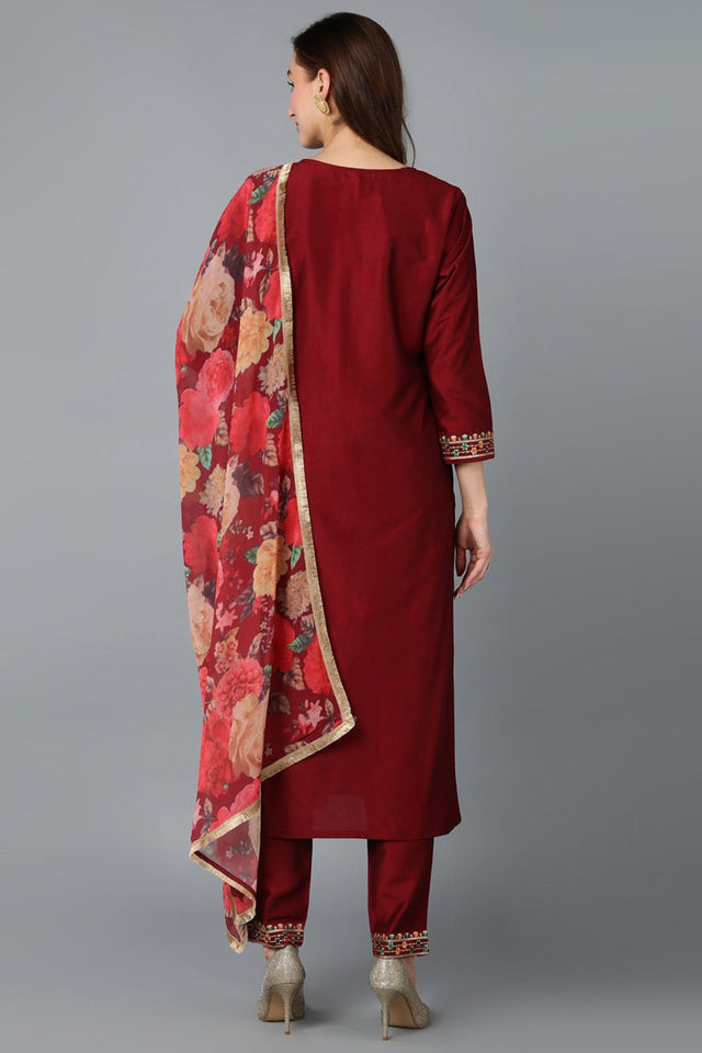 Maroon Silk Blend Embroidered Kurti Pant With Dupatta