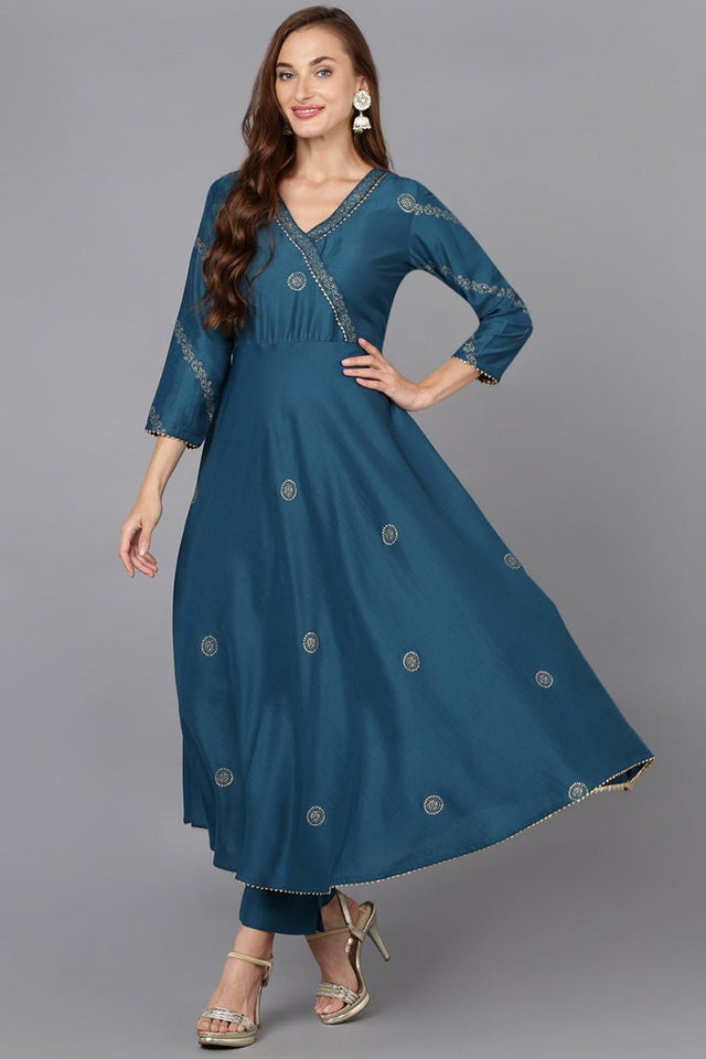 Teal Silk Blend Anarkali Woven Design Kurti Pant With Dupatta (N2ZPKSKD1919-S)