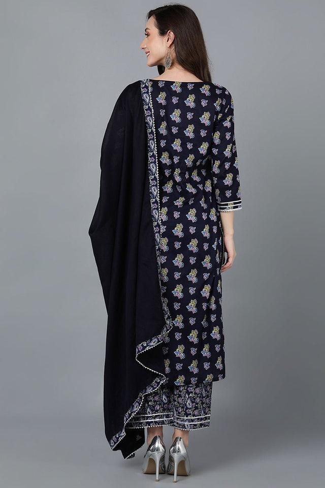 Navy Blue Cotton Straight Kurti Palazzo With Dupatta