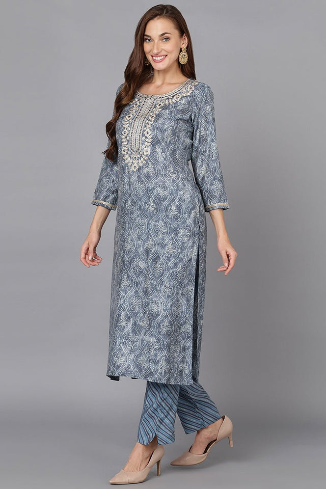 Grey Silk Blend Straight Kurti Pant With Dupatta