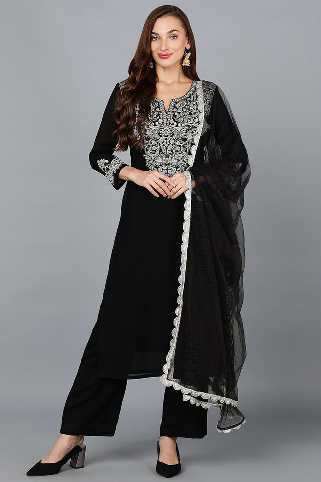Black Silk Blend Straight Kurti Pant With Dupatta