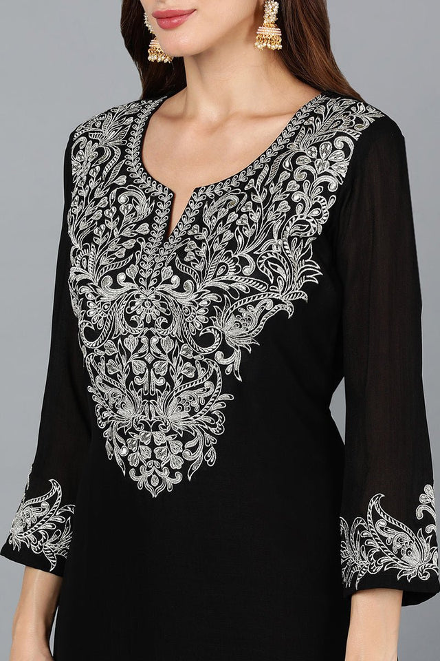 Black Silk Blend Straight Kurti Pant With Dupatta