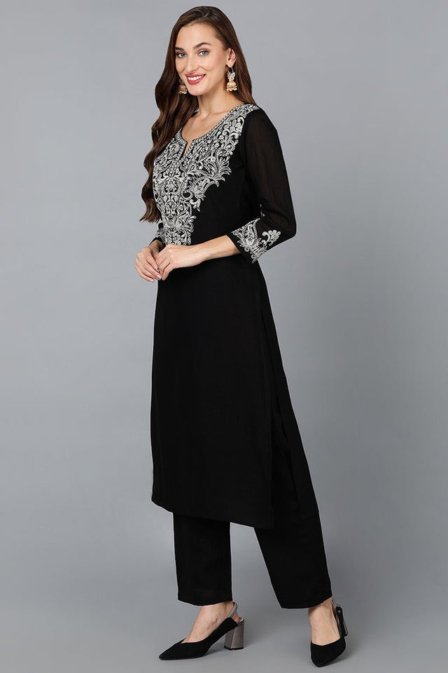 Black Silk Blend Straight Kurti Pant With Dupatta