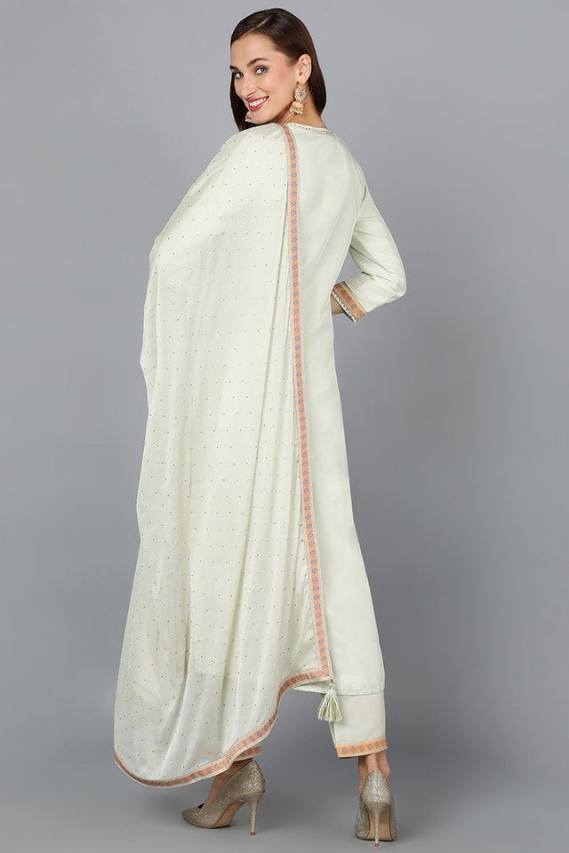 Green Silk Blend Straight Woven Design Kurti Pant With Dupatta