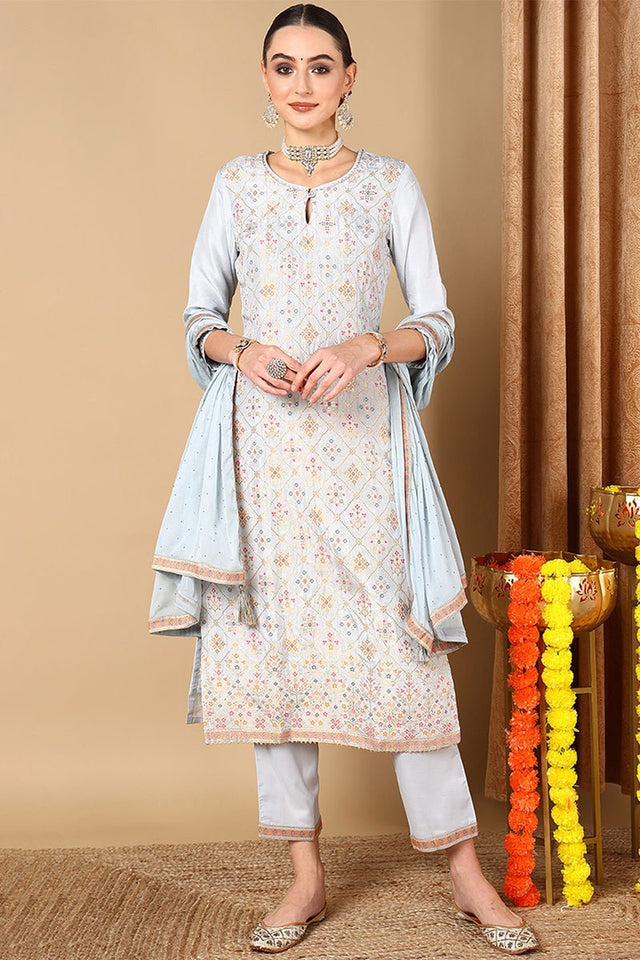 Blue Silk Blend Straight Woven Design Kurti Pant With Dupatta
