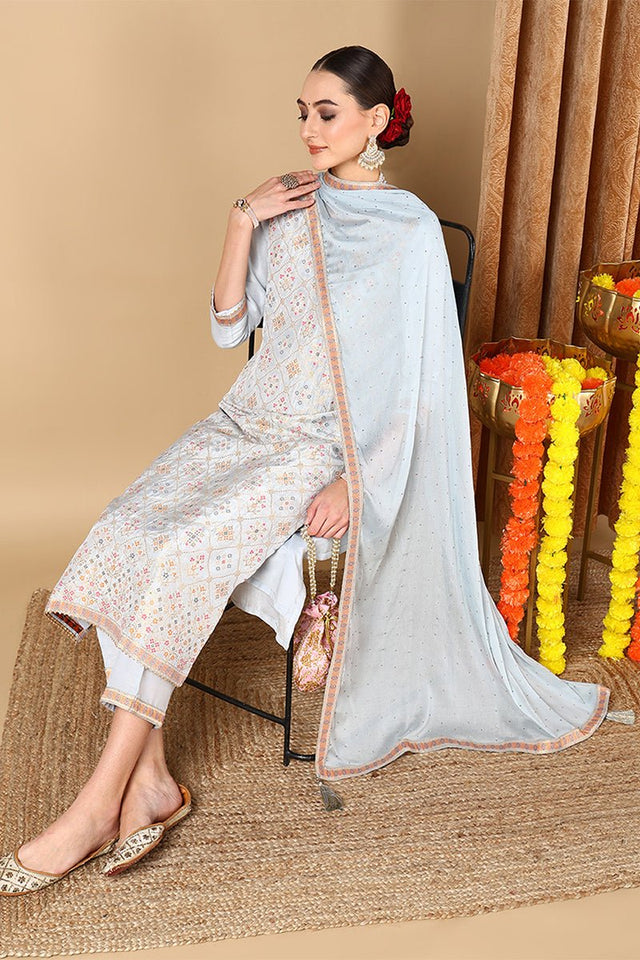 Blue Silk Blend Straight Woven Design Kurti Pant With Dupatta