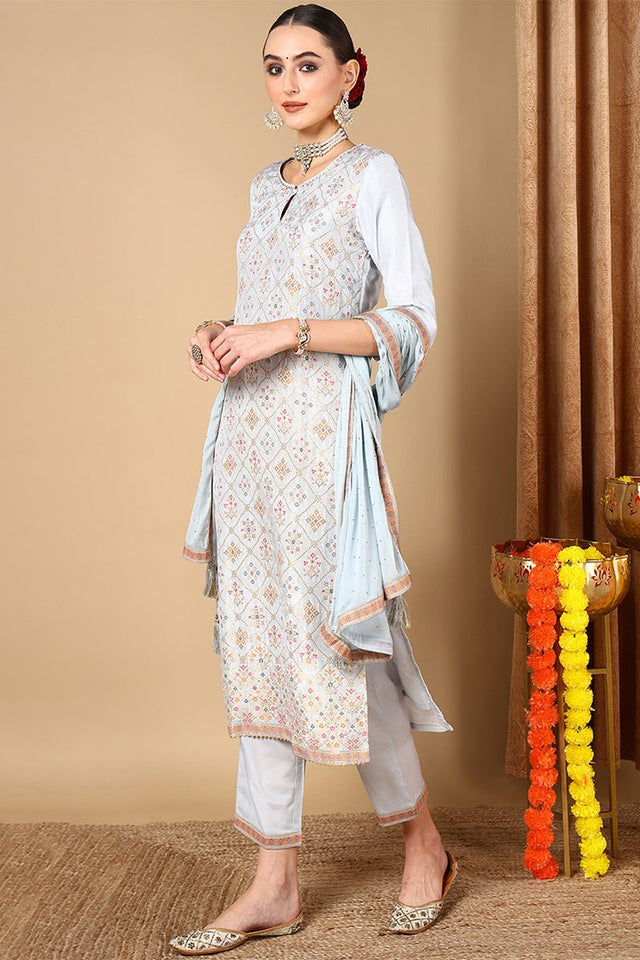 Blue Silk Blend Straight Woven Design Kurti Pant With Dupatta