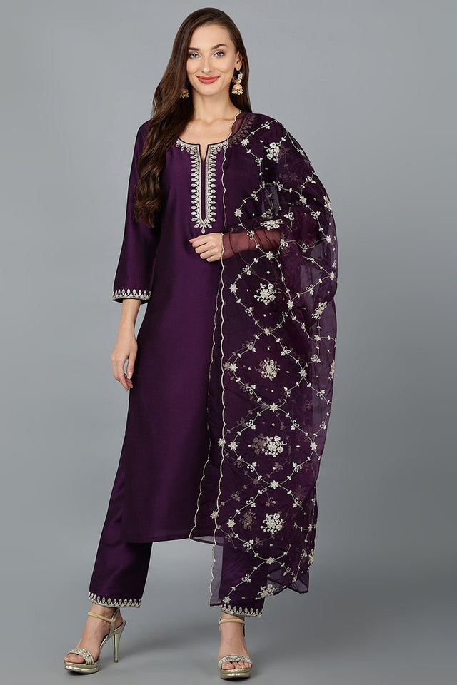 Purple Silk Blend Straight Kurti Pant With Dupatta