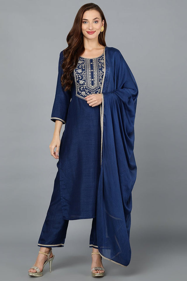 Blue Silk Blend Straight Yoke Design Kurti Pant With Dupatta