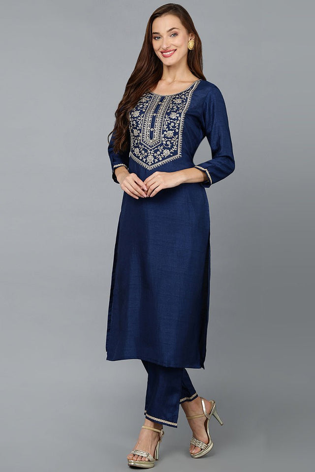 Blue Silk Blend Straight Yoke Design Kurti Pant With Dupatta