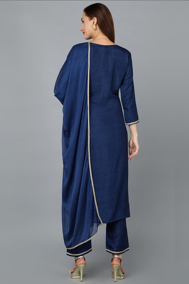 Blue Silk Blend Straight Yoke Design Kurti Pant With Dupatta