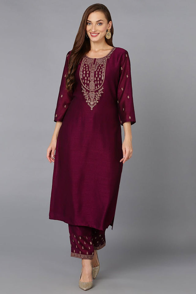 Wine Silk Blend Embroidered Kurti With Pant