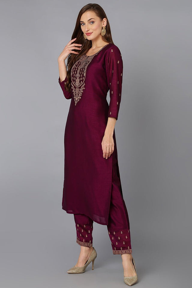 Wine Silk Blend Embroidered Kurti With Pant