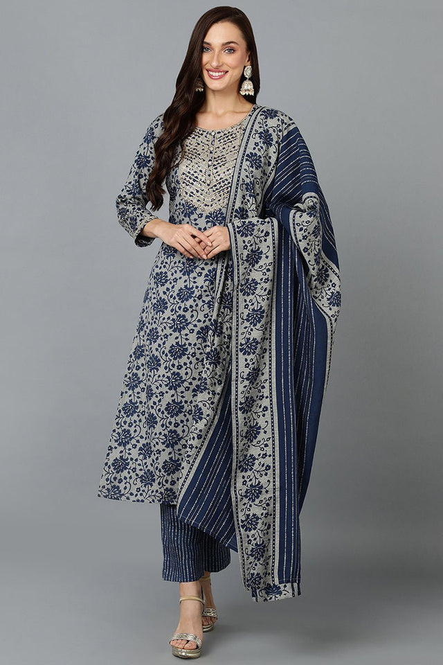 Blue Cotton Blend Straight Printed Kurti Pant With Dupatta